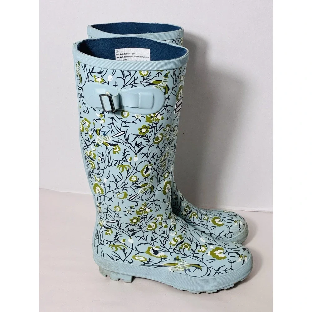 Smith & Hawken Women's Floral Rain Muck Boots Size 7 Blue Outdoor Farm Pull On